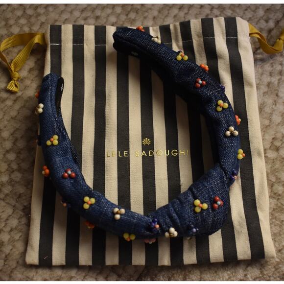 Lele Sadoughi Cactus Flower Beaded Knot Headband Dark Denim Terrazzo
